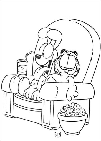 Garfield And Oddie Are Watching Tv While Eating Pop Corn  Coloring Page